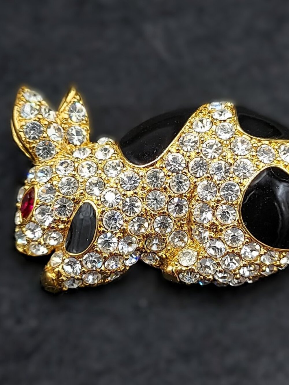 Vintage Bunny with Gold Tone Black Enamal and Clear Stones and a Ruby Eye